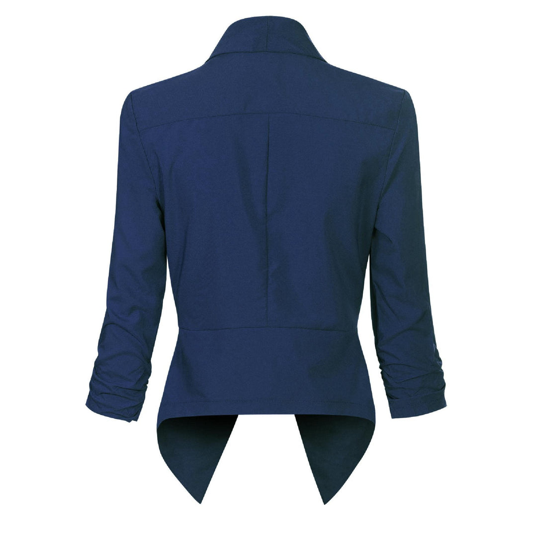 Women's open-front draped blazer in navy – back view