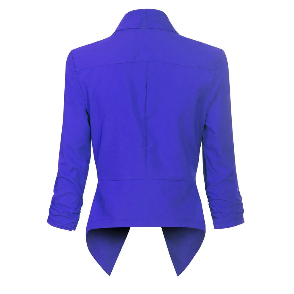 Women's open-front draped blazer in royal blue – back view