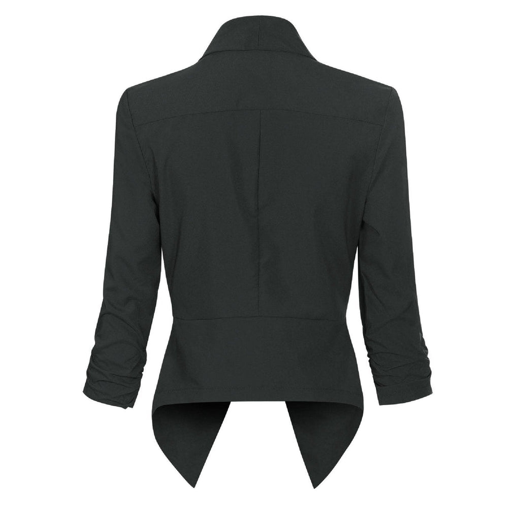 Women's open-front draped blazer in black – back view