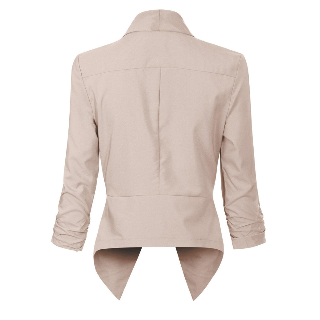 Women's open-front draped blazer in beige – back view