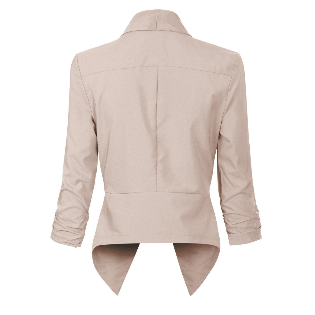 Women's open-front draped blazer in beige – back view