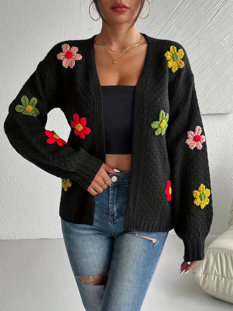 Women's flower appliqué cardigan in black – front view