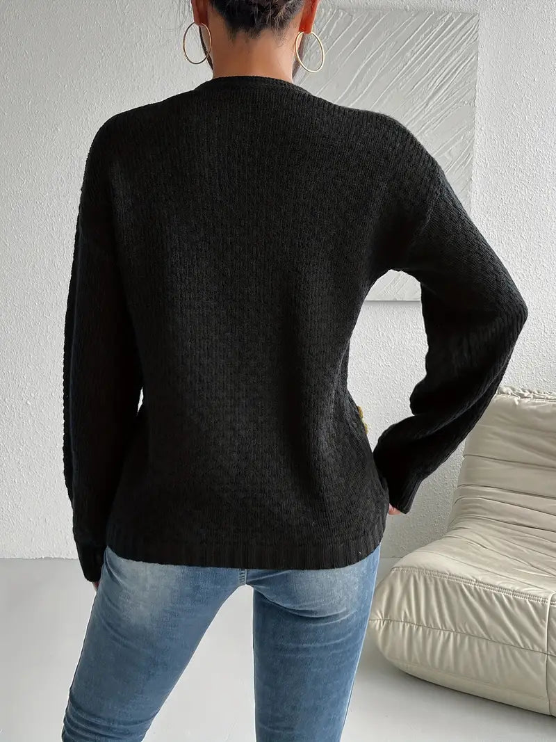 Women's flower appliqué cardigan in black – back view