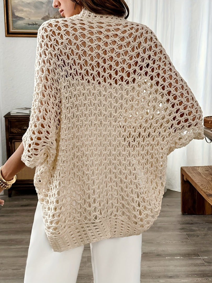 Women's open-knit draped cardigan in beige – back view