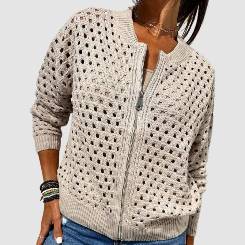 Women's open knit zip cardigan in beige – front view