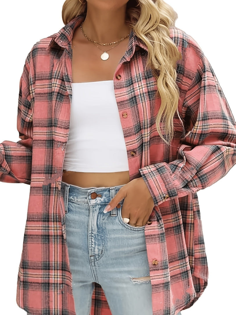 Women's oversized check shirt in pink – worn open