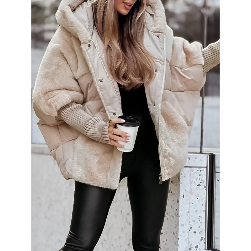 Women's oversized fluffy coat with hood in beige – outfit view