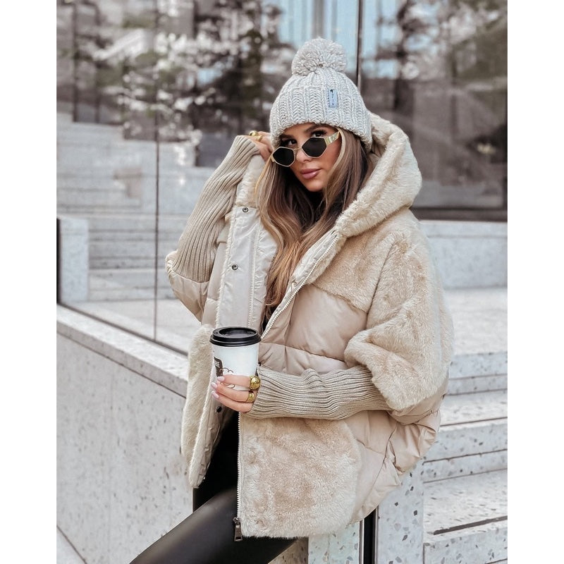 Women's oversized fluffy coat with hood in beige – side look