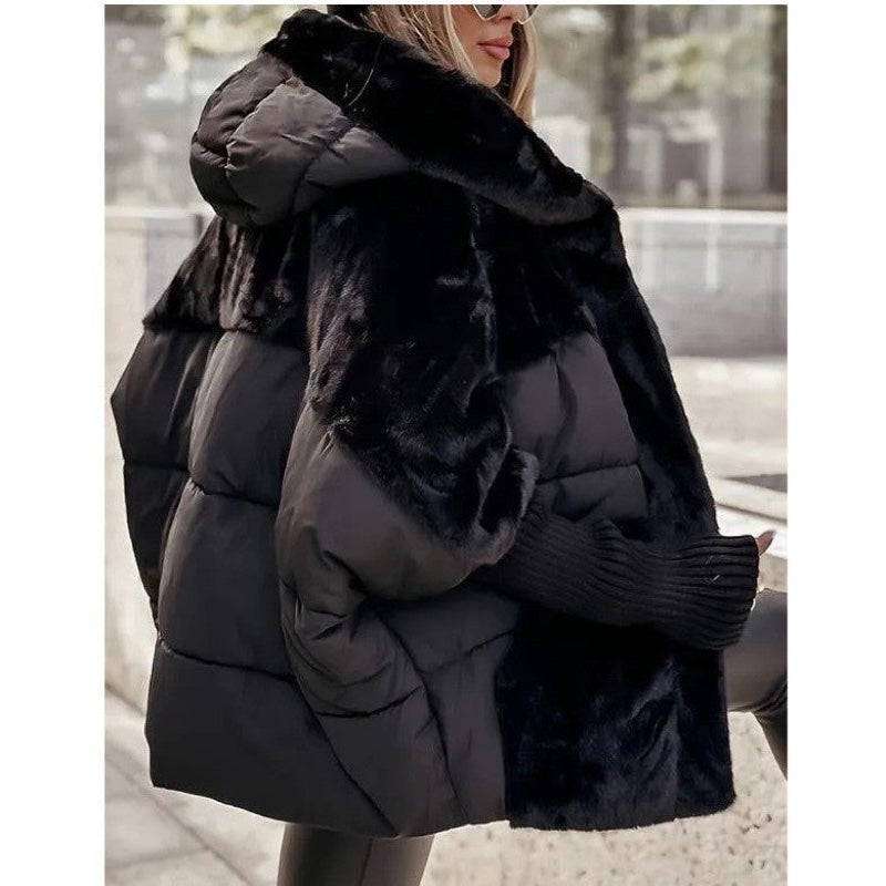 Women's oversized fluffy coat with hood in black – full-length look