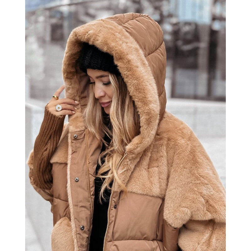 Women's oversized fluffy coat with hood in light brown – styled look