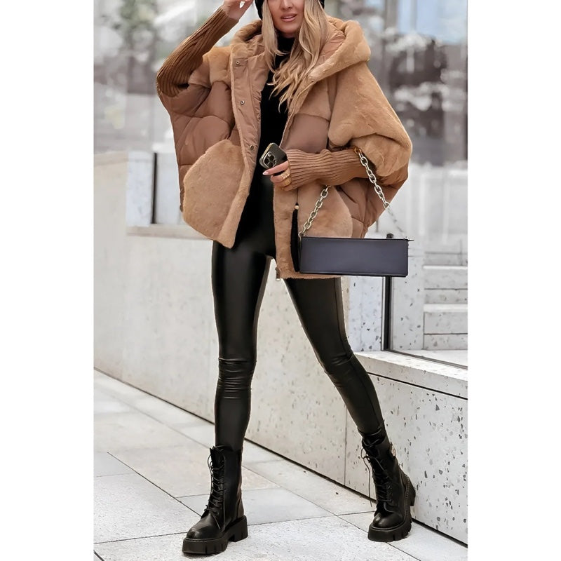 Women's oversized fluffy coat with hood in light brown – alternate view