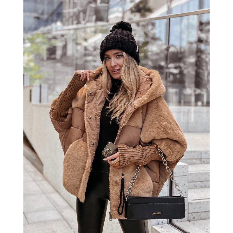 Women's oversized fluffy coat with hood in light brown – full-length look