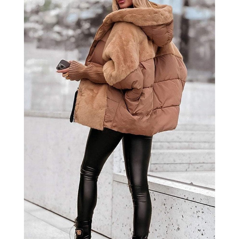 Women's oversized fluffy coat with hood in light brown – outfit view