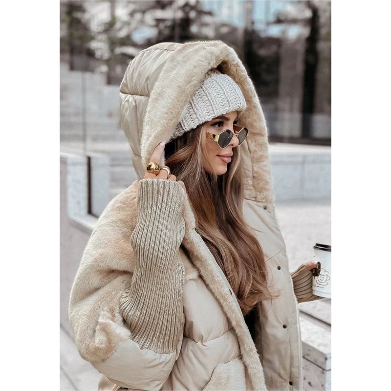 Women's oversized fluffy coat with hood in beige – styled look