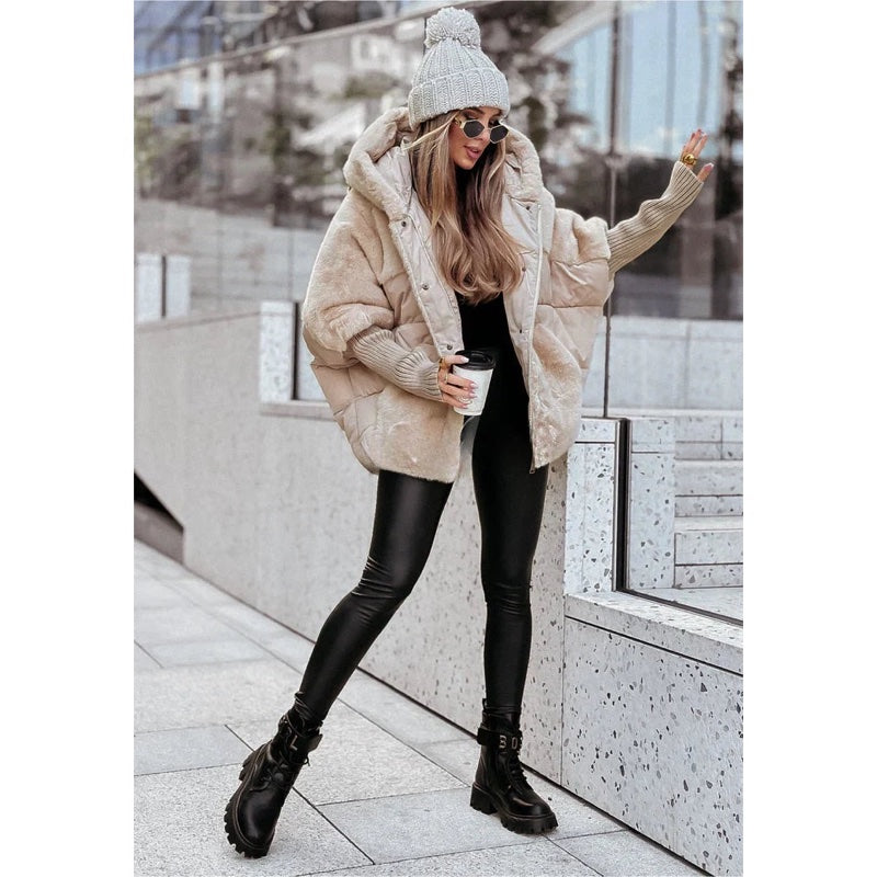 Women's oversized fluffy coat with hood in beige – alternate view