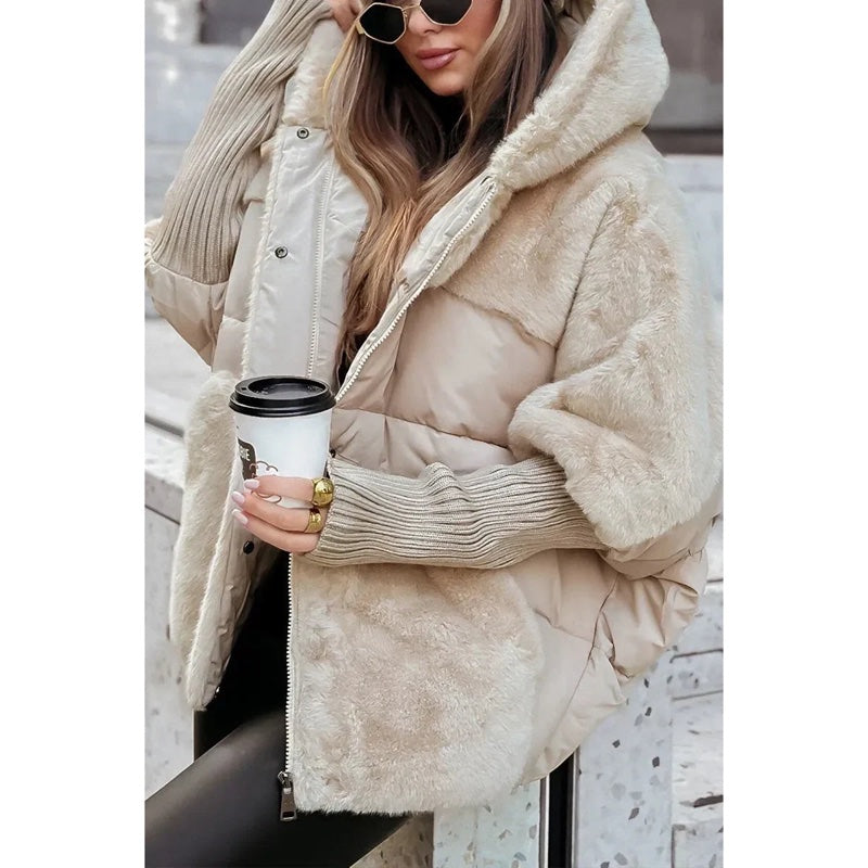 Women's oversized fluffy coat with hood in beige – full-length look