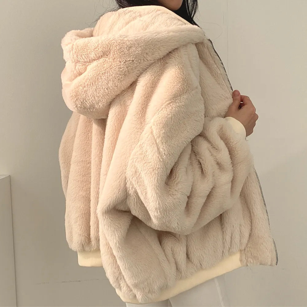 Women's oversized fleece lined jacket in apricot – fleece side
