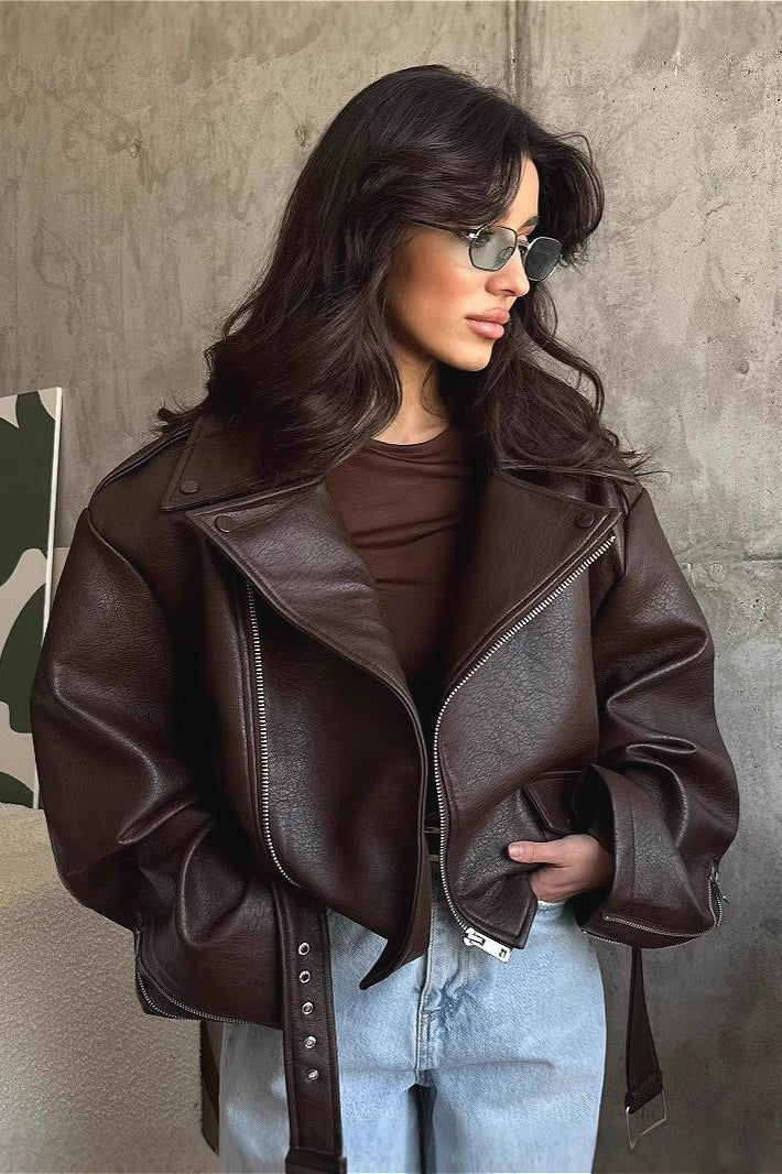 Women's Oversized Leather-Look Bomber Jacket with Waist Belt in Dark Brown
