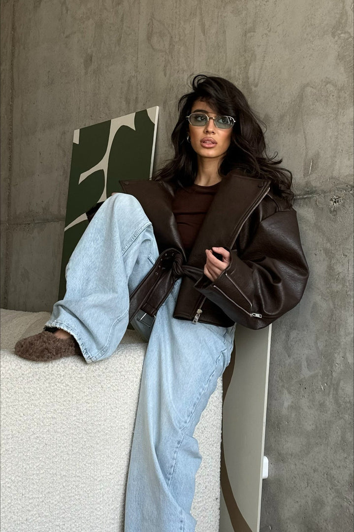 Women's leather-look belted bomber jacket in dark brown – relaxed