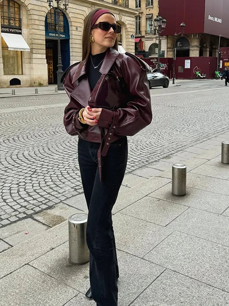 Women's oversized leather-look jacket in burgundy – full look