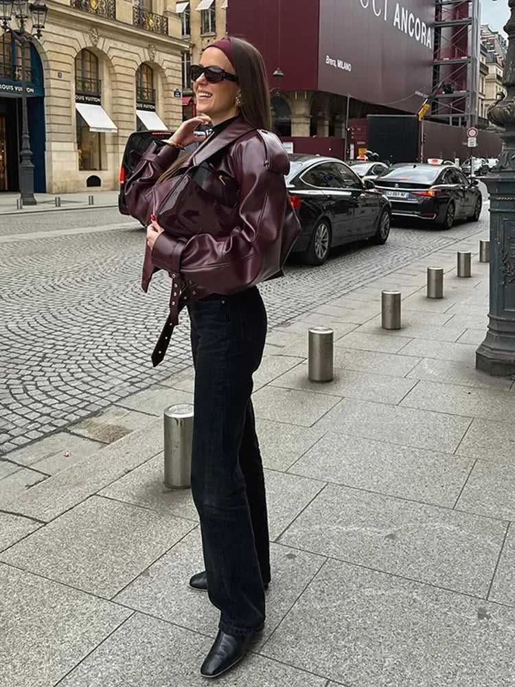Women's oversized leather-look jacket in burgundy – back view