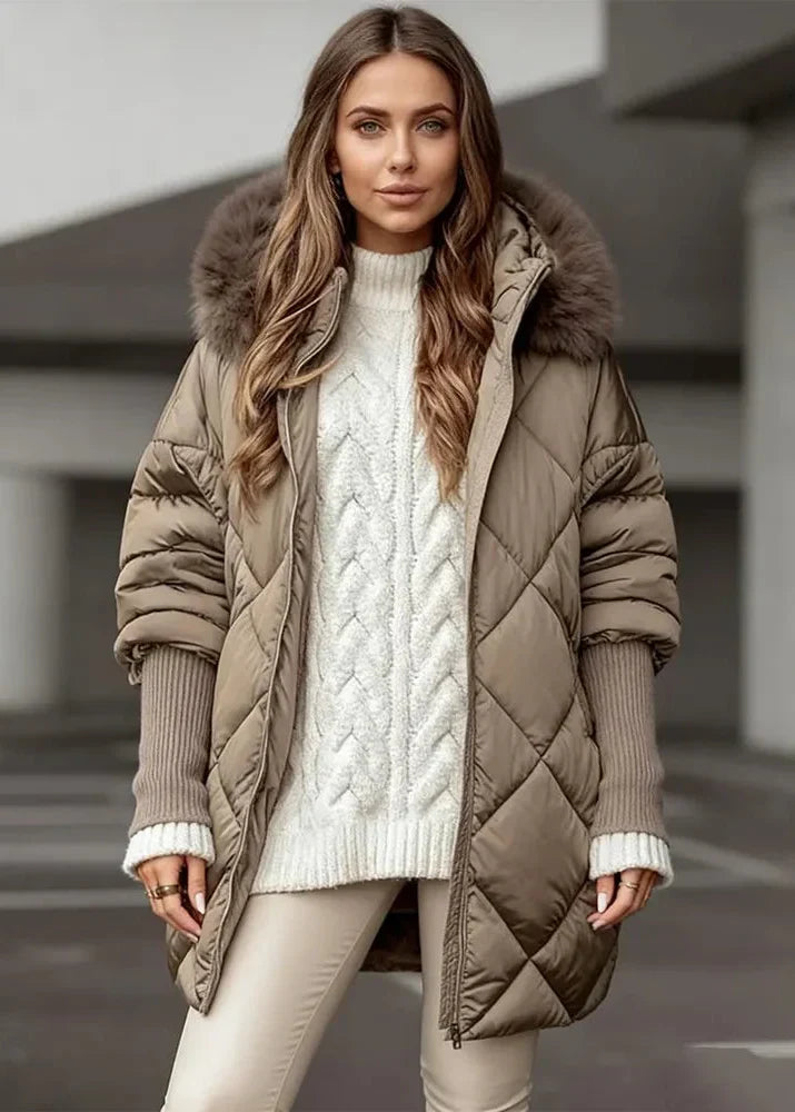 Women's Oversized Faux Fur Hood Puffer in beige
