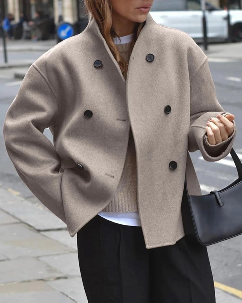 Women's oversized short double-breasted coat in taupe – front view
