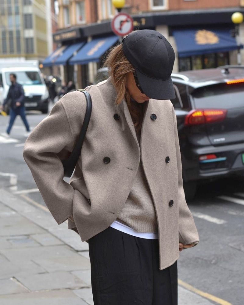 Women's oversized short double-breasted coat in taupe – side view