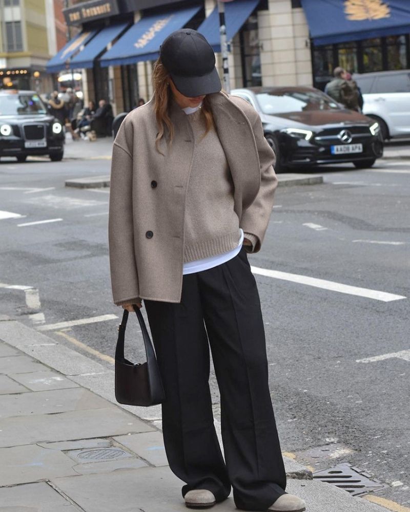 Women's oversized short double-breasted coat in taupe – full look