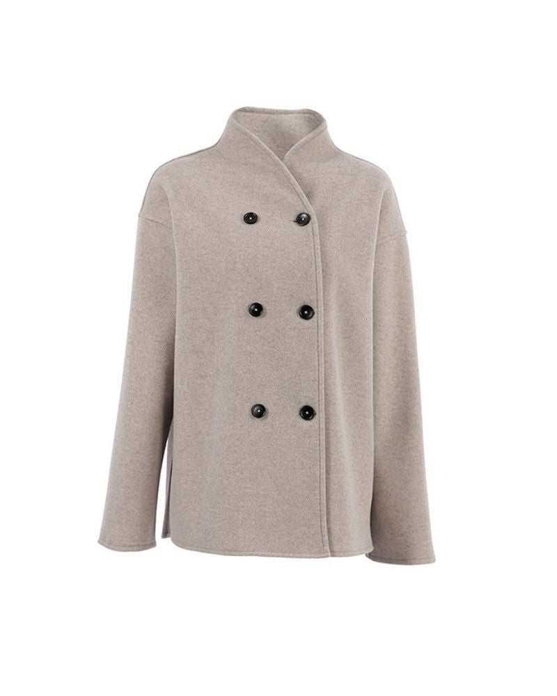 Women's oversized short double-breasted coat in taupe – flat view