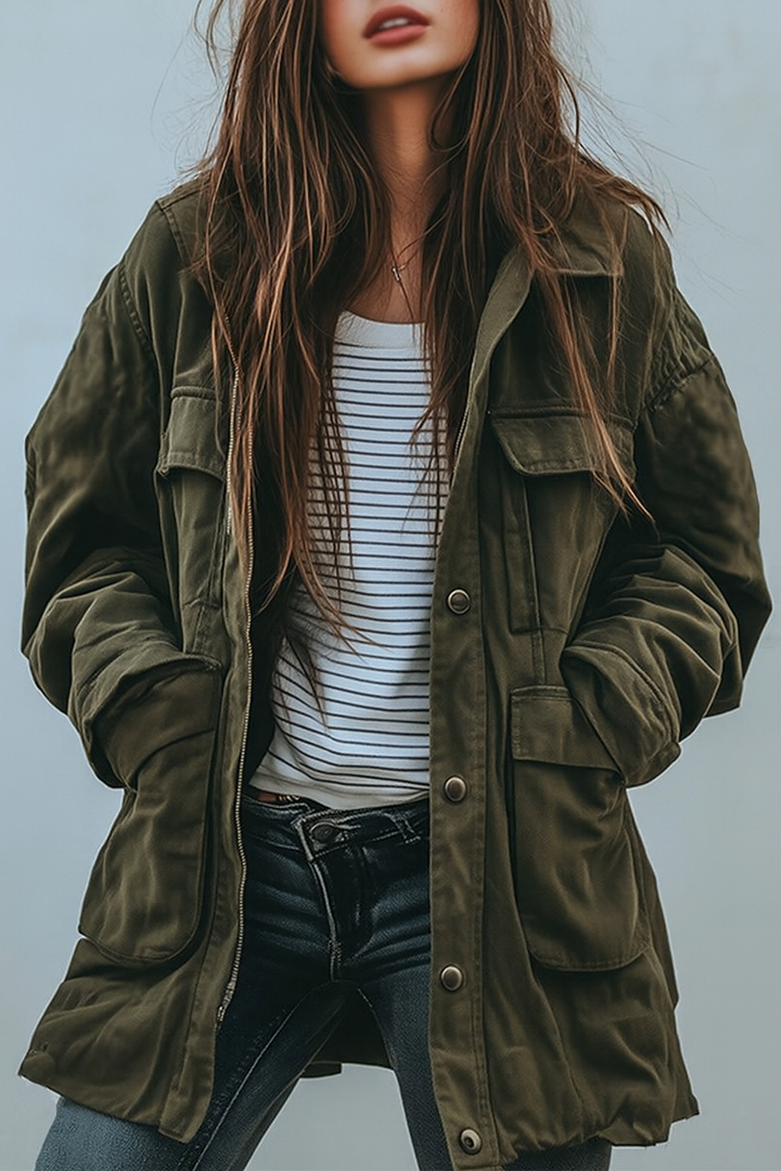 Women's oversized utility jacket in olive green – front view