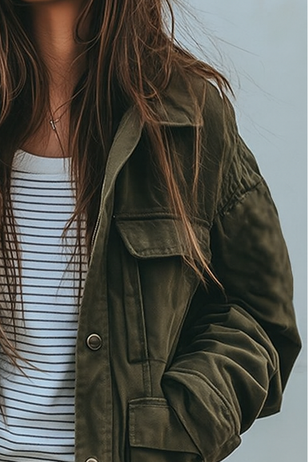 Women's oversized utility jacket in olive green – close-up