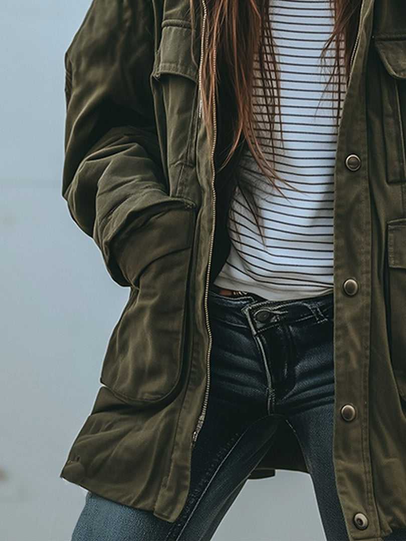 Women's oversized utility jacket in olive green – side view
