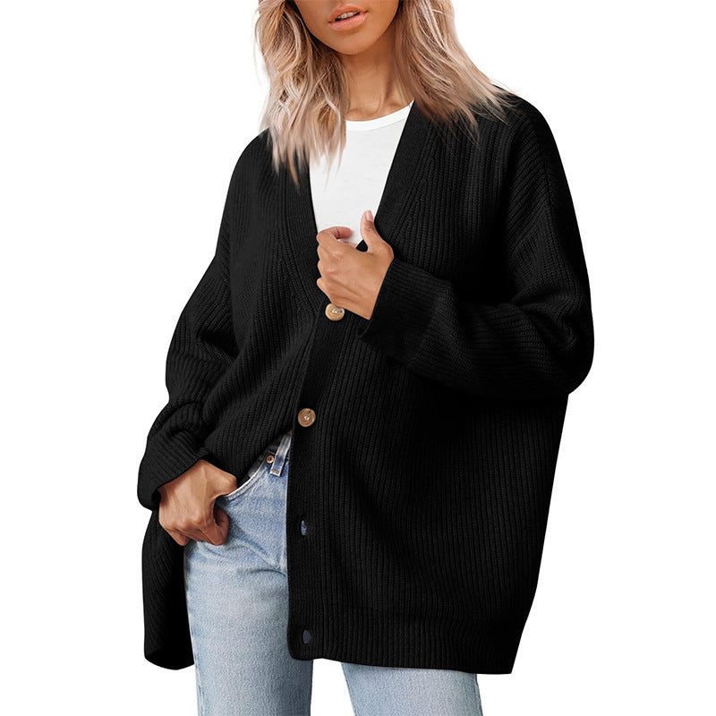 Women's Oversized V-Neck Button Cardigan in black