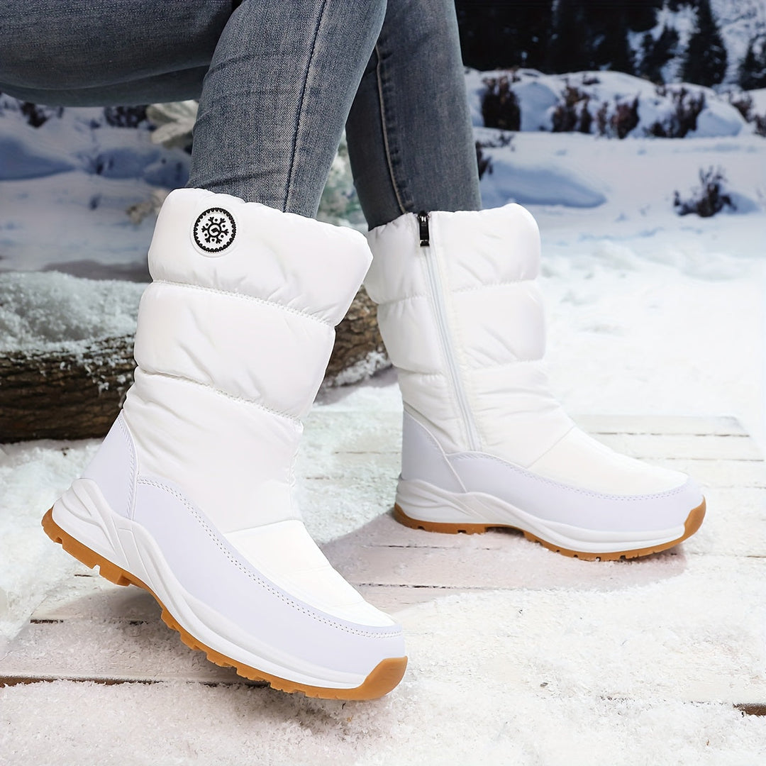 Women's padded snow boots in white – side view