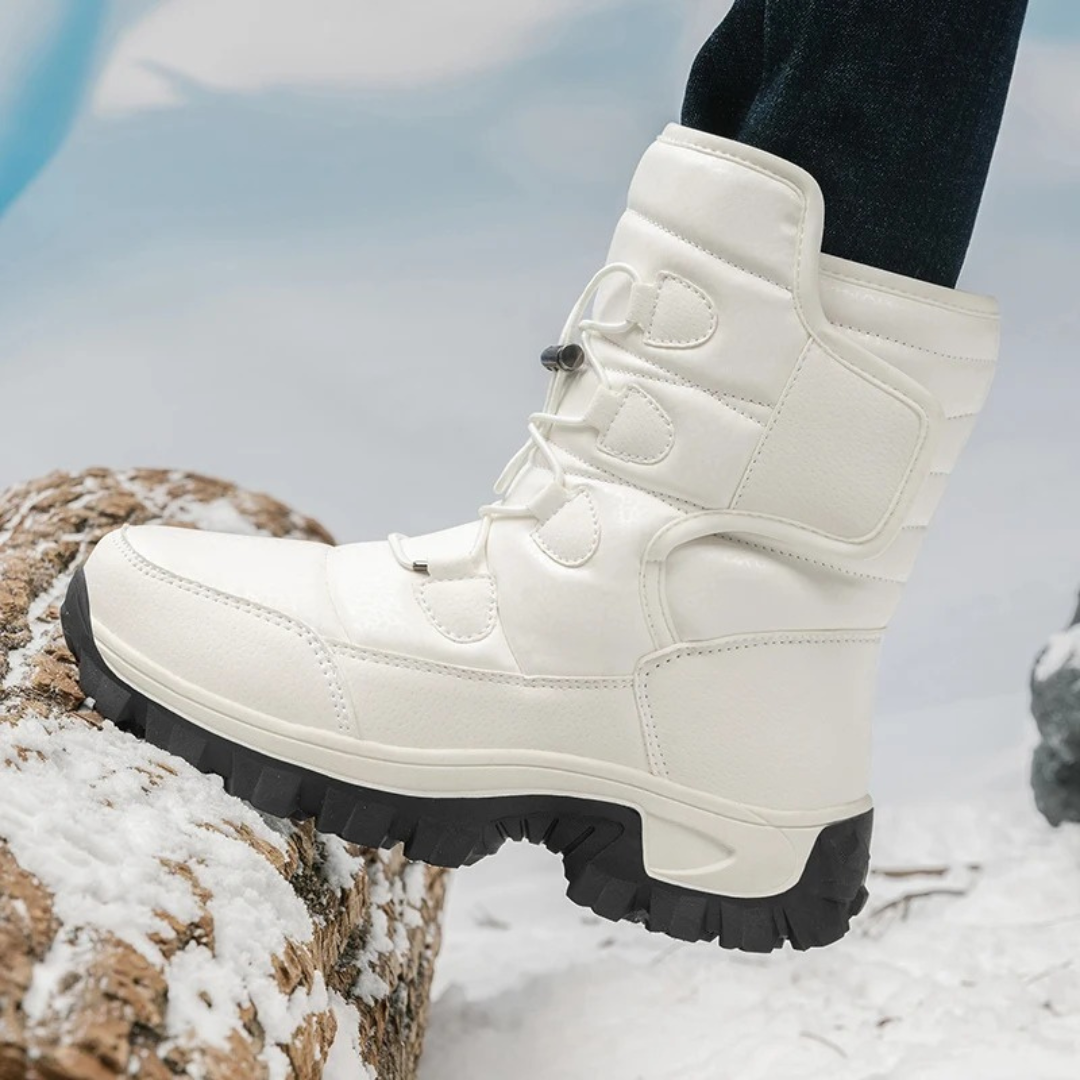Women's toggle lace winter boots in cream – in the snow