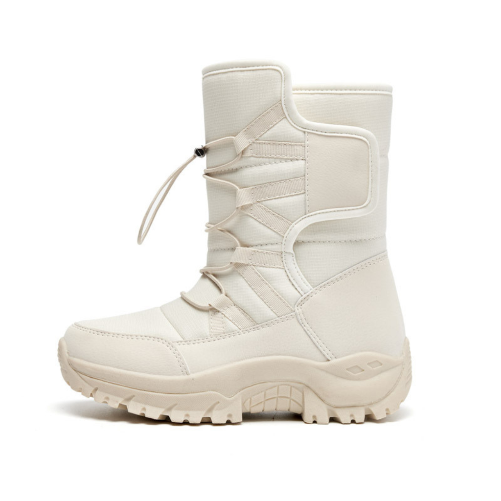 Women's toggle lace winter boots in cream – side view