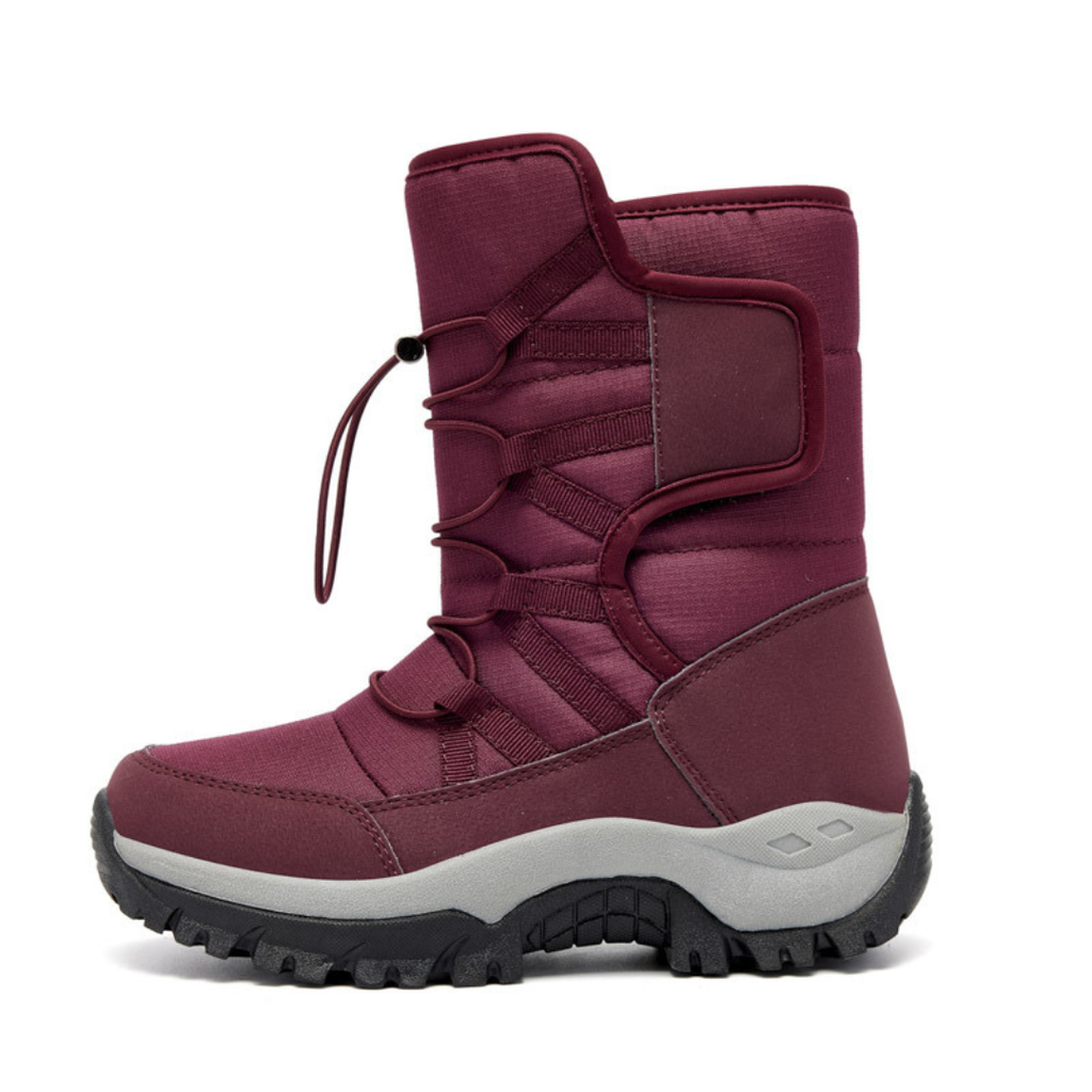 Women's toggle lace winter boots in burgundy – side view