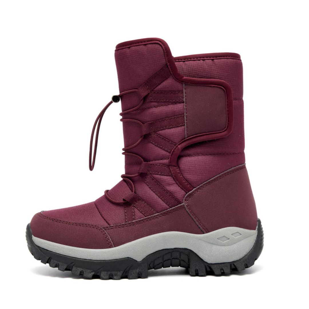 Women's toggle lace winter boots in burgundy – side view