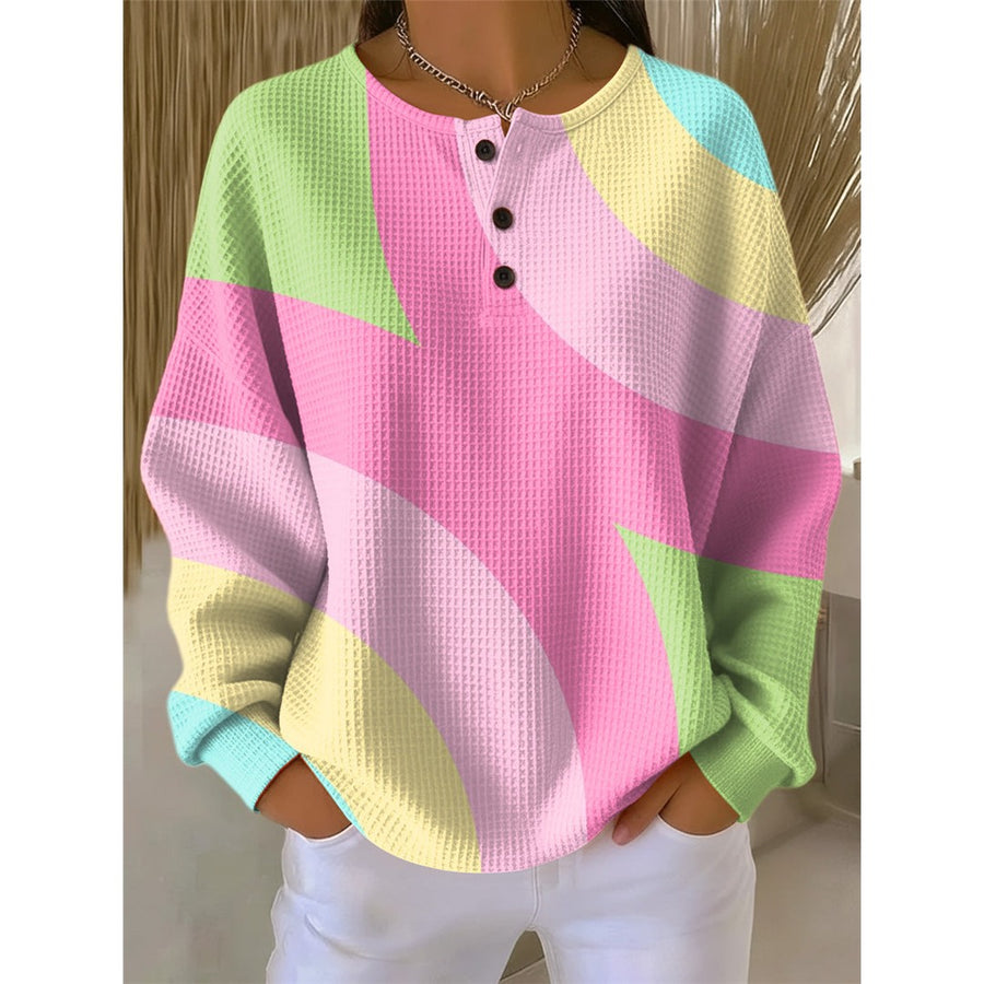 Women's Pastel Abstract Print Henley Sweater with Button Neckline for Spring Days