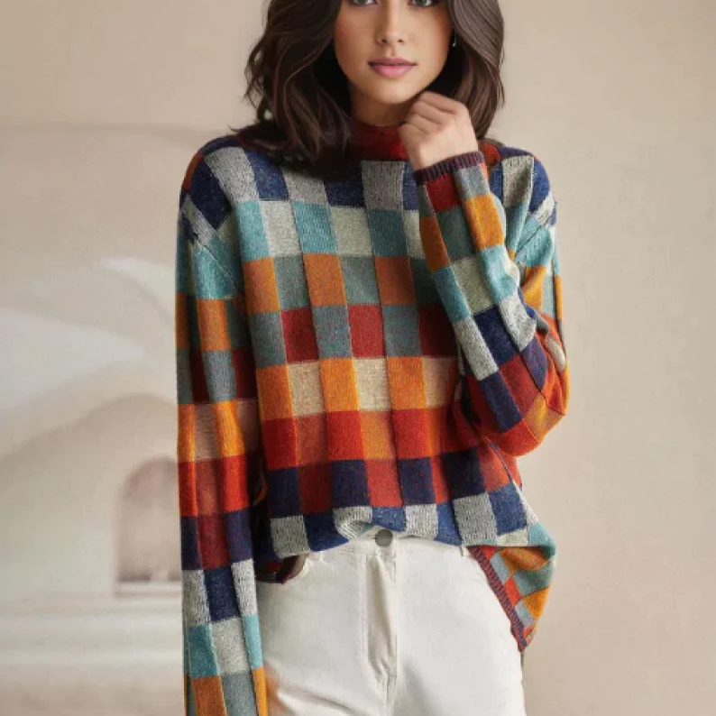 Women's patchwork check knit sweater in orange, blue and teal – front view