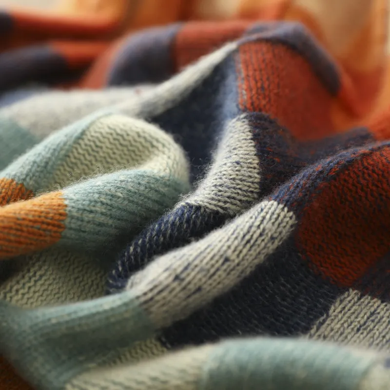 Close-up of the soft knit on the women's patchwork check sweater