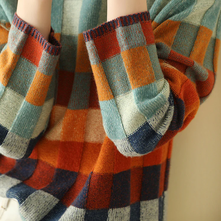 Sleeve detail of the women's patchwork check knit sweater