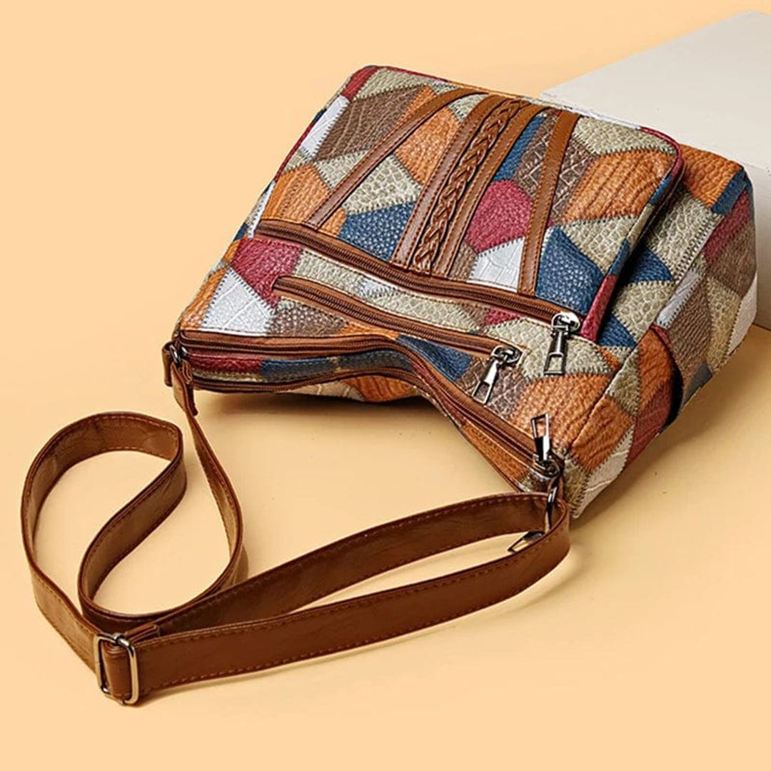 Women's patchwork crossbody bag, top view