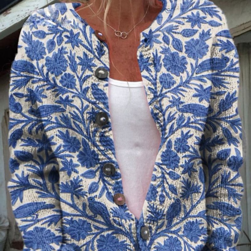 Women's patterned knit cardigan with blue floral print – front view