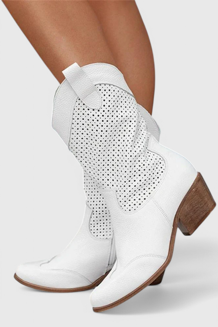 Women's perforated western boots in white – side view