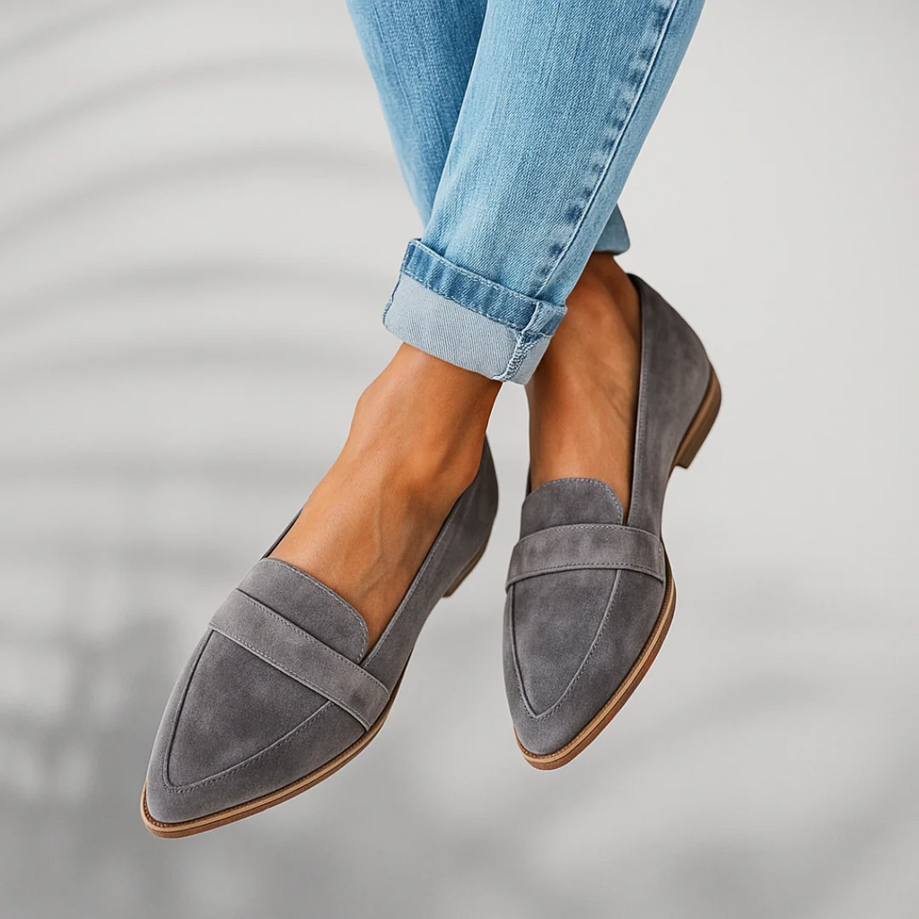 Women's pointed suede-look loafers in grey – side view