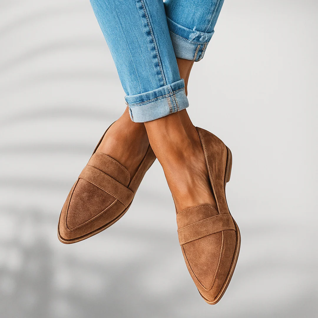 Women's pointed suede-look loafers in brown – side view