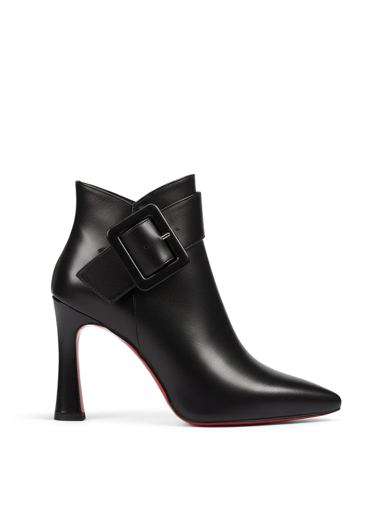 Women's pointed buckle heeled boots in black – side view