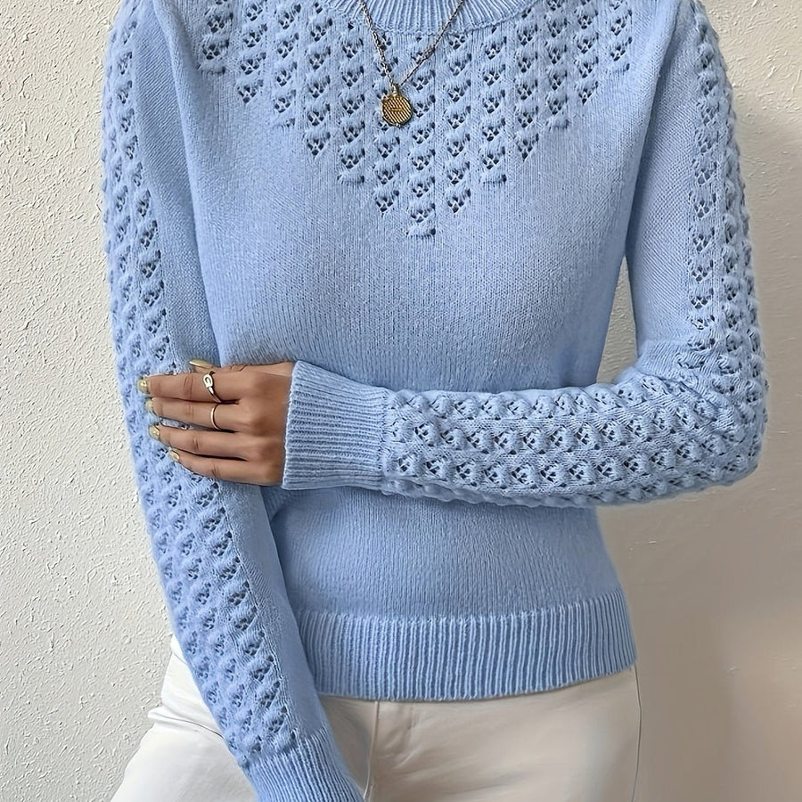 Women's Pointelle Knit Sweater with Round Neck in 2 Colors
